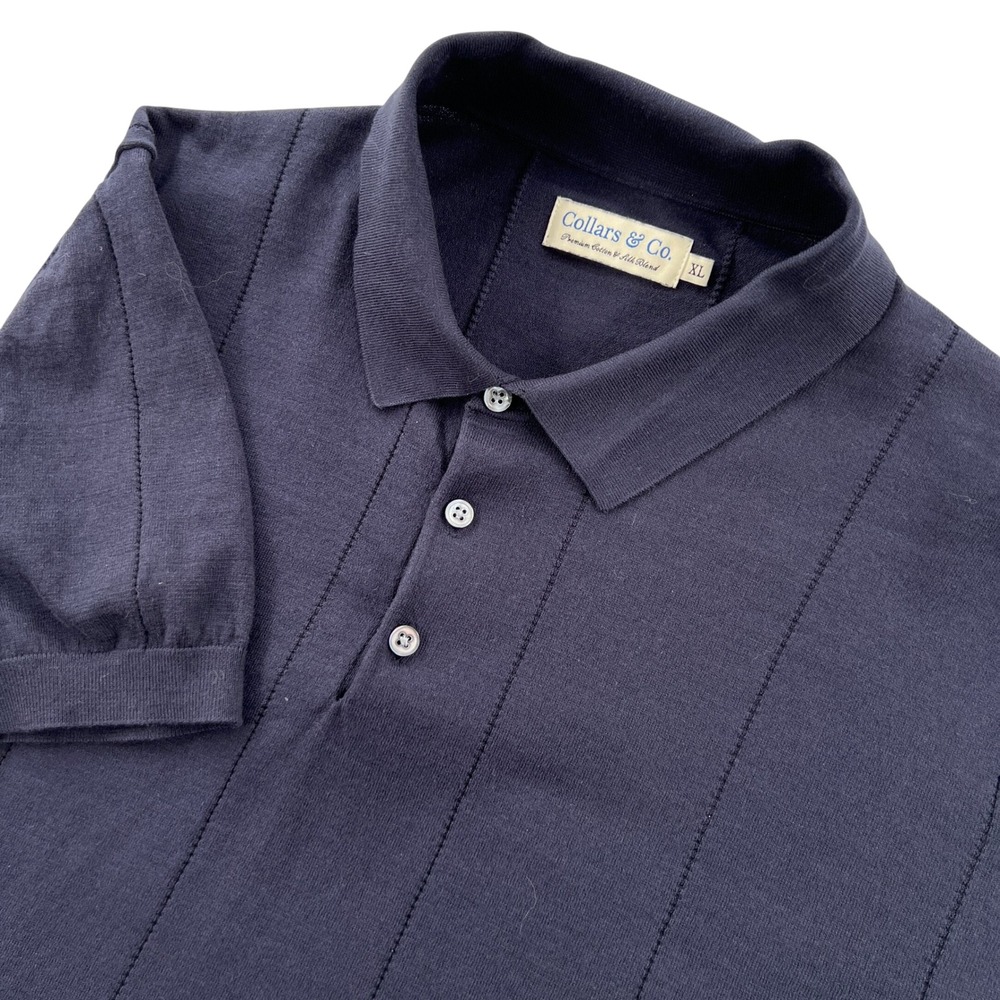 Collars & Co Mens XL Navy Blue Silk Cotton Blend Textured Stripe Knit Polo Shirt